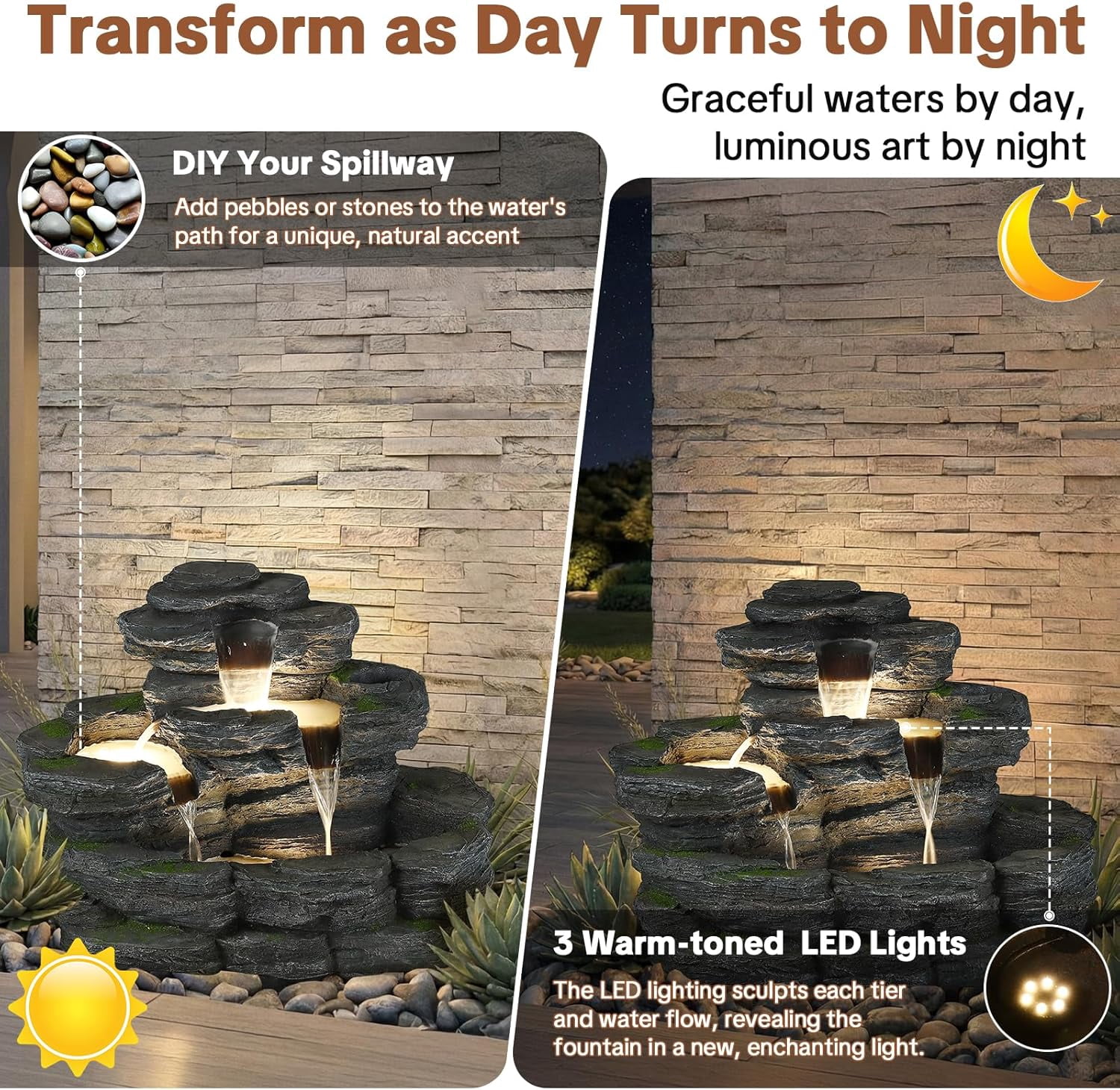 HOMEDIARY 4-Tier Outdoor Water Fountain, 29.7" L Rustic Rock Waterfall Fountain with LED Lights, Stone Texture Floor-Standing Resin Water Feature with Realistic Moss Accents for Patio, Porch & Indoor