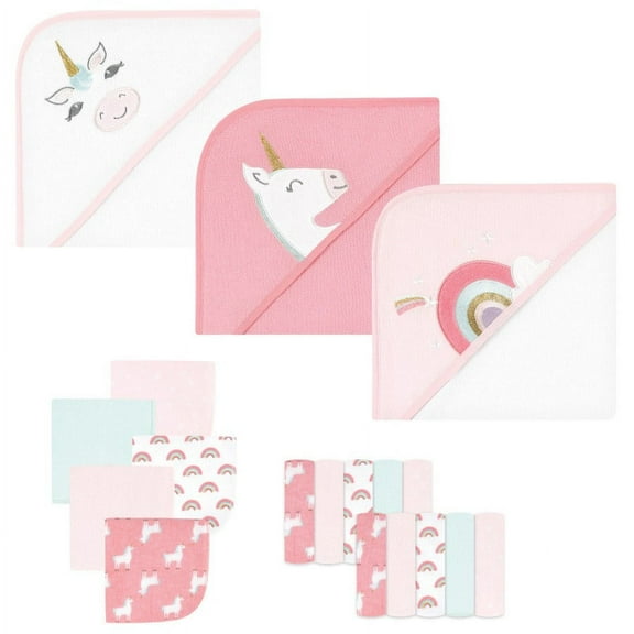 Hudson Baby Infant Girl Animal Hooded Towel 3pk and 15 Washcloths, Unicorn, One Size