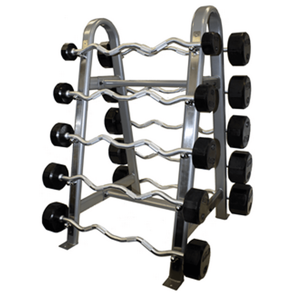 Rubber Curl Barbells 20lbs 110lbs Set on Horizontal Barbell Rack