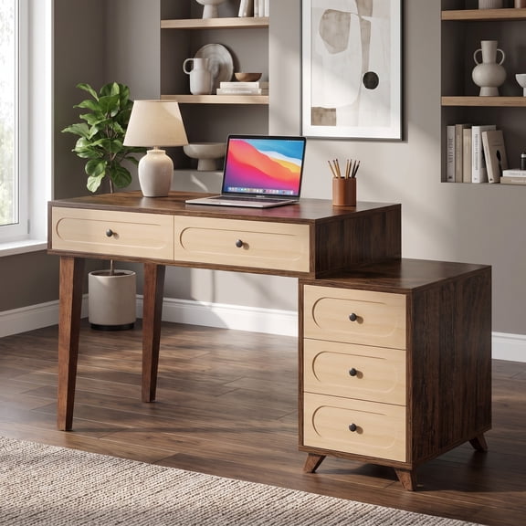 Fnova 51'' Computer Desk, Small Home Office Desk with 5 Drawers, Reversible Drawer Cabinet Space-Saving Workstation, for Small Home Office, Bedroom & Study