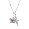 thumbnail image 2 of Delight Jewelry Silvertone Pink & Purple Butterfly on Large Flower Be Strong and Courageous Engraved Cross Zoey Necklace, 28", 2 of 4