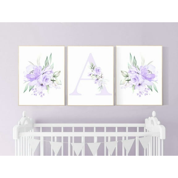 UNFFRAMED Luvia Set of 3 Boho Purple Nursery Poster Floral and Name Wall Art Lilac Baby Room Decor for Girls Set 3 Prints 8x12