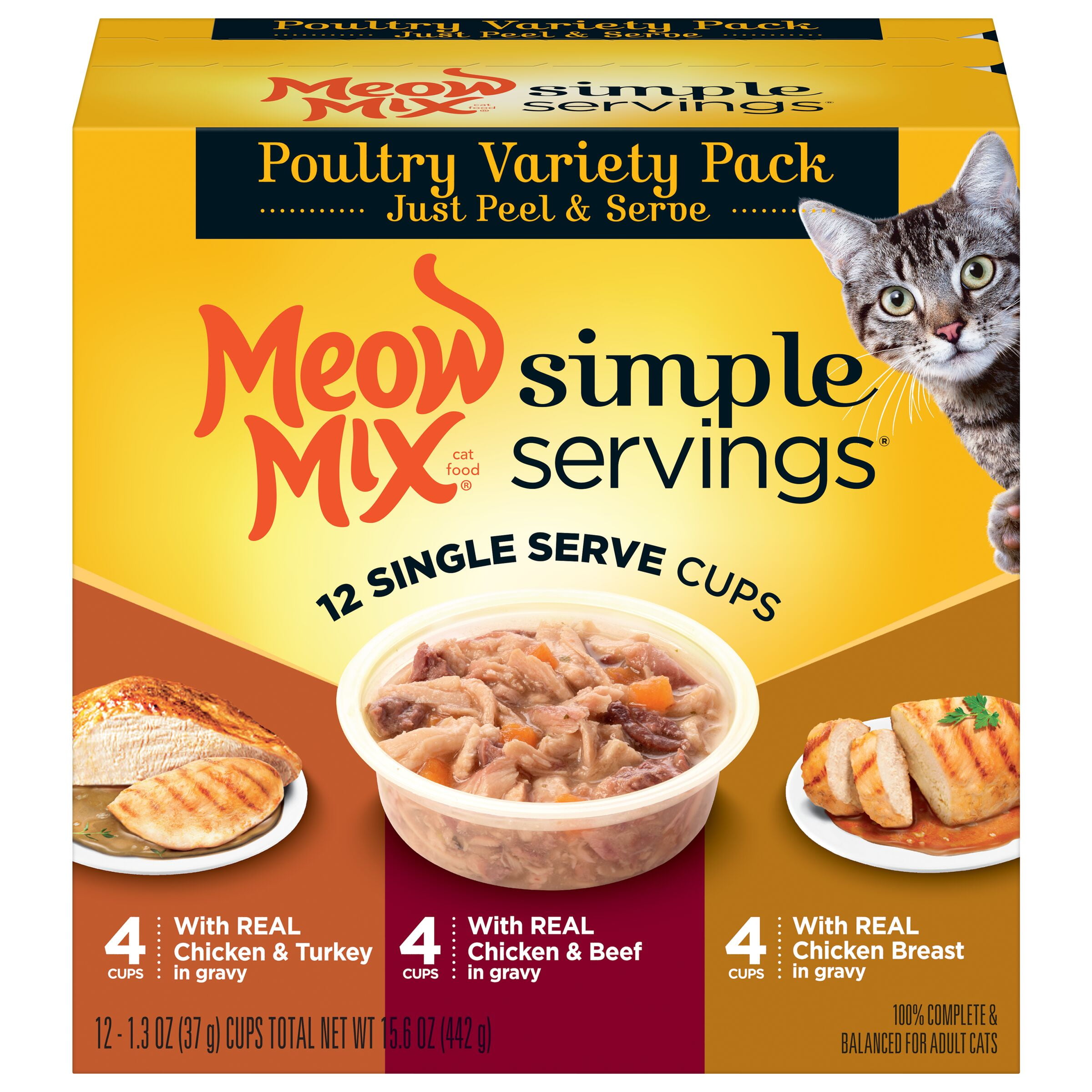 Meow Mix Simple Servings Wet Cat Food Poultry Variety Pack, 1.3oz Cups, 12 ct.
