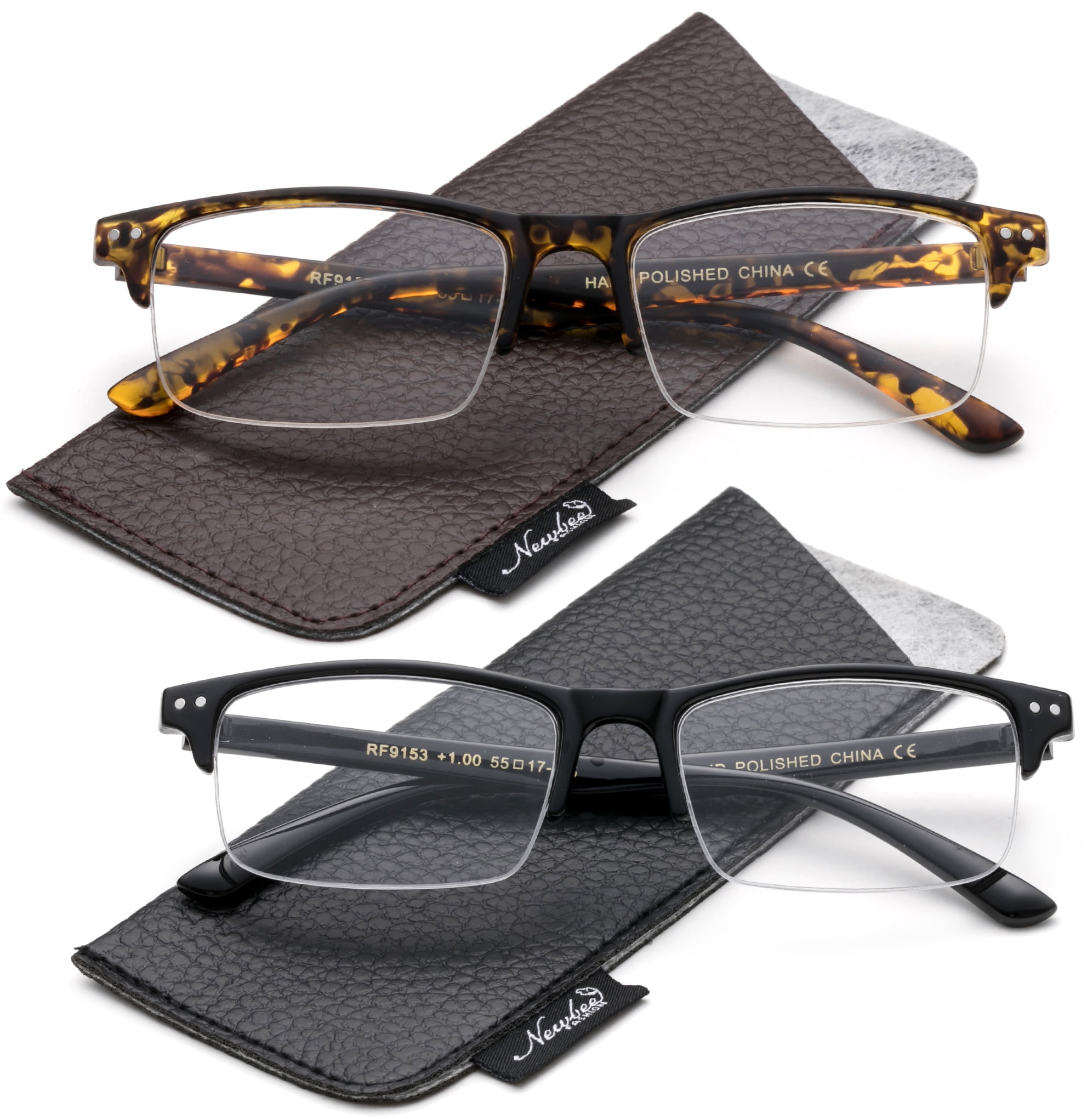 Newbee Men's Stylish Fashion Half Frame Reading Glasses with Carrying