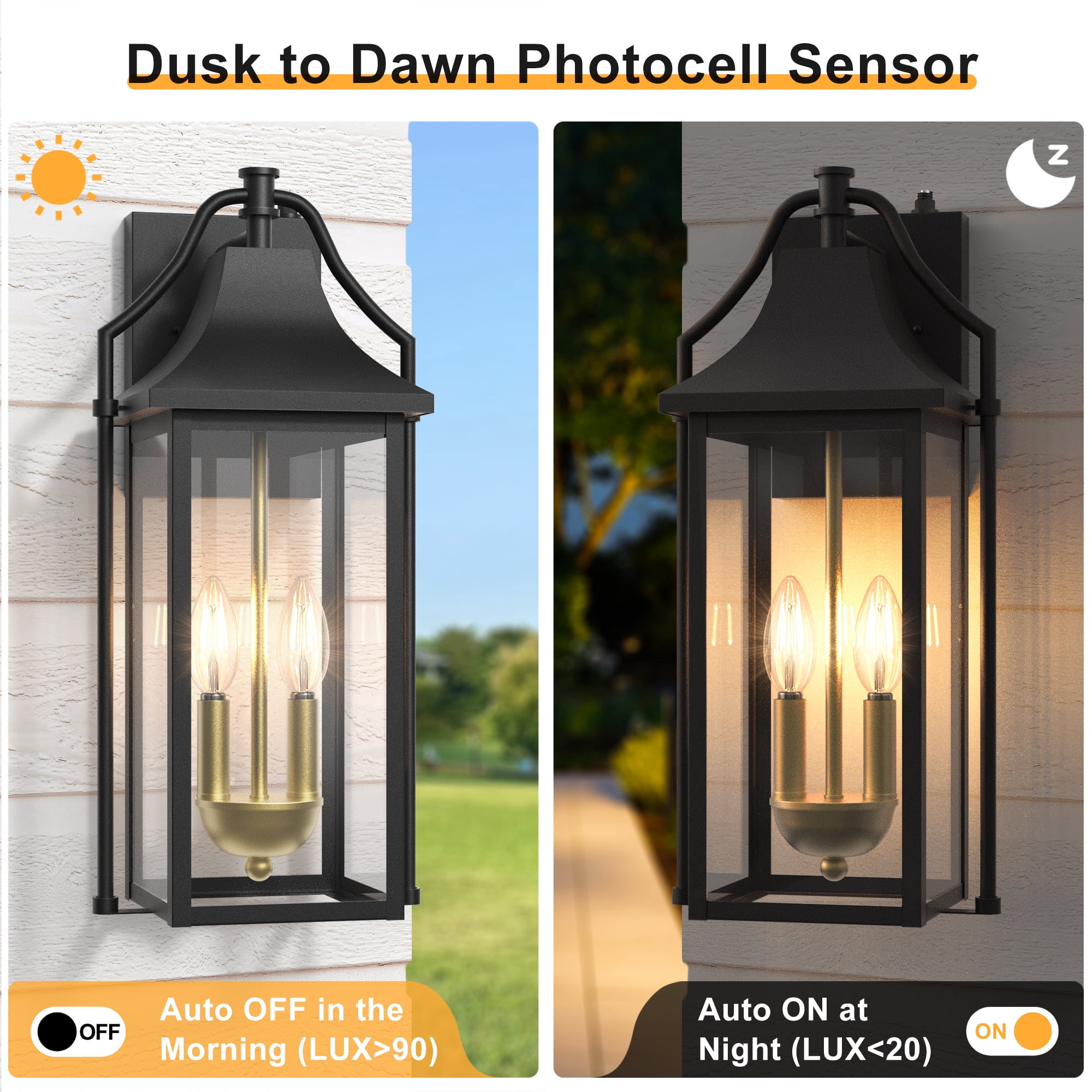 Lawyettle Dusk to Dawn Outdoor Wall Lantern, 18" Modern Black Exterior Wall Light for House, Waterproof Outdoor Lights for Porch, Front Door