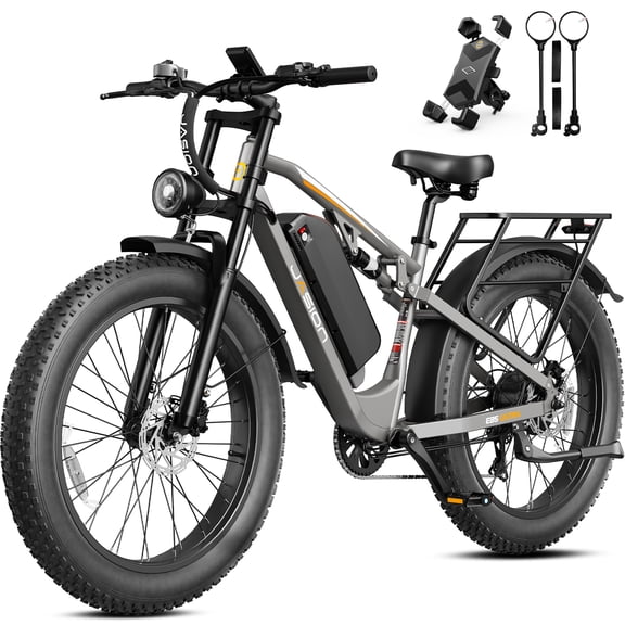 Jasion EB5 Ultra 52V 20Ah Electric Mountain Bike for Adults, 28 MPH, 90-Mile Range, 26"x4" Fat Tire EBike with Dual Suspension and Hydraulic Brakes Ebike, Gray