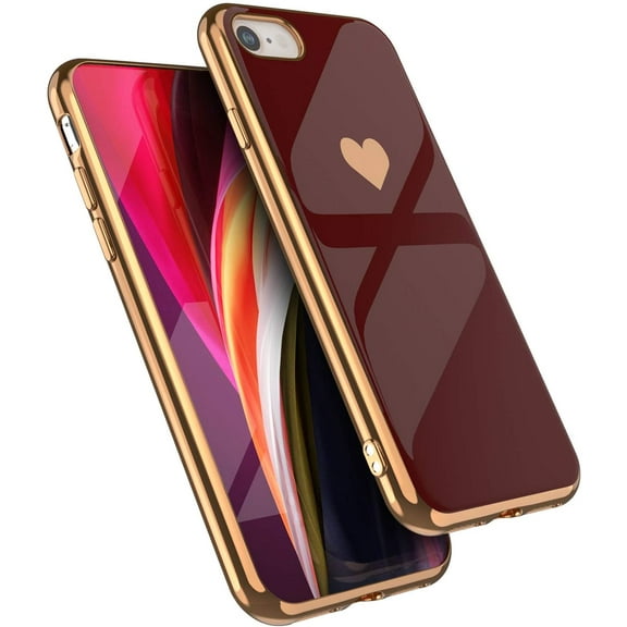 Case for iPhone SE(5G) 2022 iPhone 7 iPhone 8 iPhone SE 2020, Soft Silicone TPU Slim Case Electroplated Heart Phone Case Simple Luxury Shockproof Protective Case -Red Heart