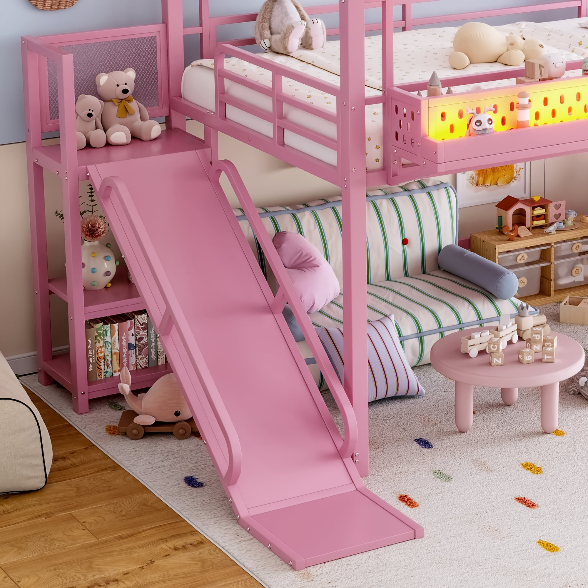 Mintazer Full Size Kids Metal House Loft Bed with Slide & Wardrobe, Metal Loft Bed Frame with LED Lights & Storage Stairs, Pink