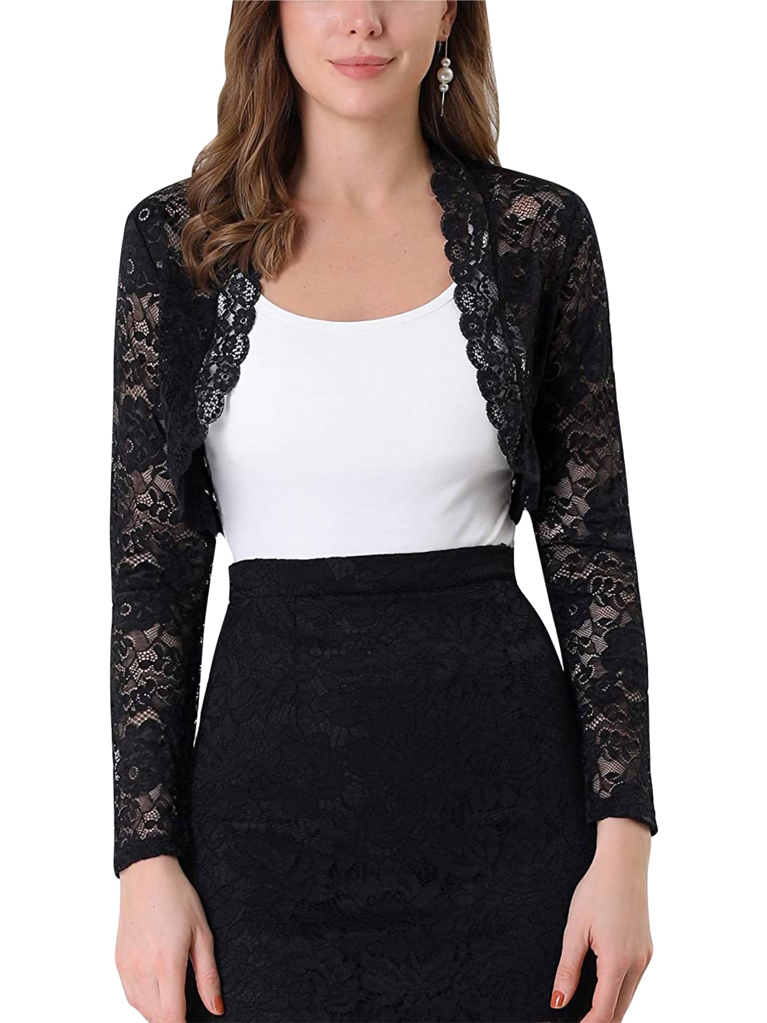 Women's Long Sleeve Shrugs Bolero Open Front Floral Lace Evening Party Cardigans