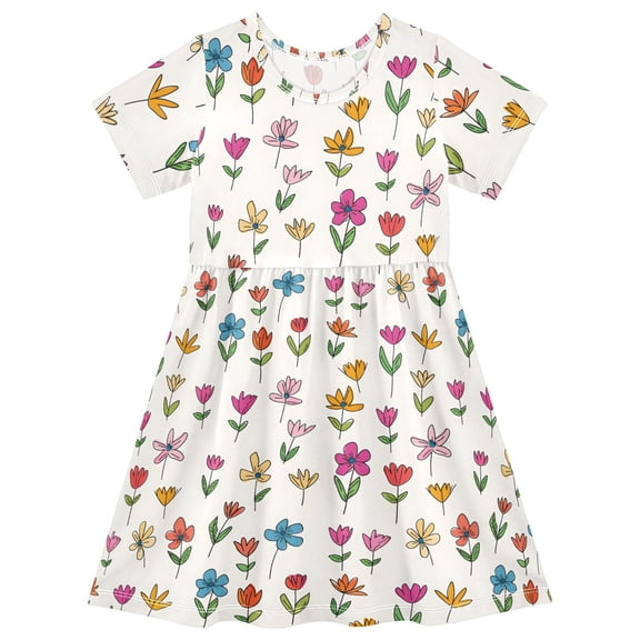Floral Short Sleeve Dress A-Line Cute Midi Casual Sundress 2-8 Years