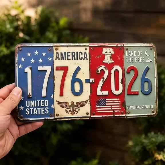 USA 250th Anniversary Metal Sign, Patriotic License Plate Style Decor, 1776-2026 Semiquincentennial Rustic Wall Art for Independence Day, Veterans Day, Table Centerpiece
