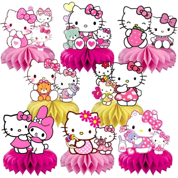8 Pcs Cute Hello-Kitty Party Decorations, Cartoon Honeycomb Centerpieces for Birthday Party, 3D Table Decorations Party Supplies
