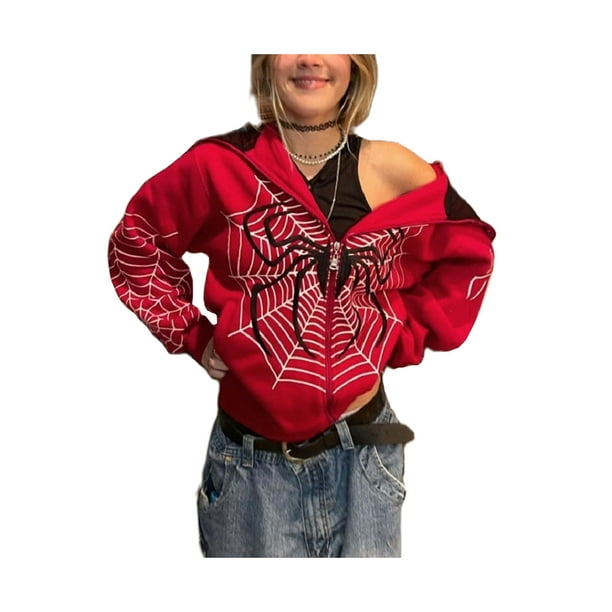 Women Y2k Zip Up Hoodie Spider Web Print Hooded Sweatshirt Long Sleeve  Jacket Oversized Coat Streetwear