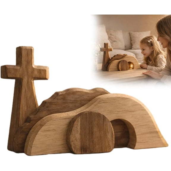 Wooden Easter Cross Decor with Empty Tomb Scene, Resurrection Table Decoration Brown