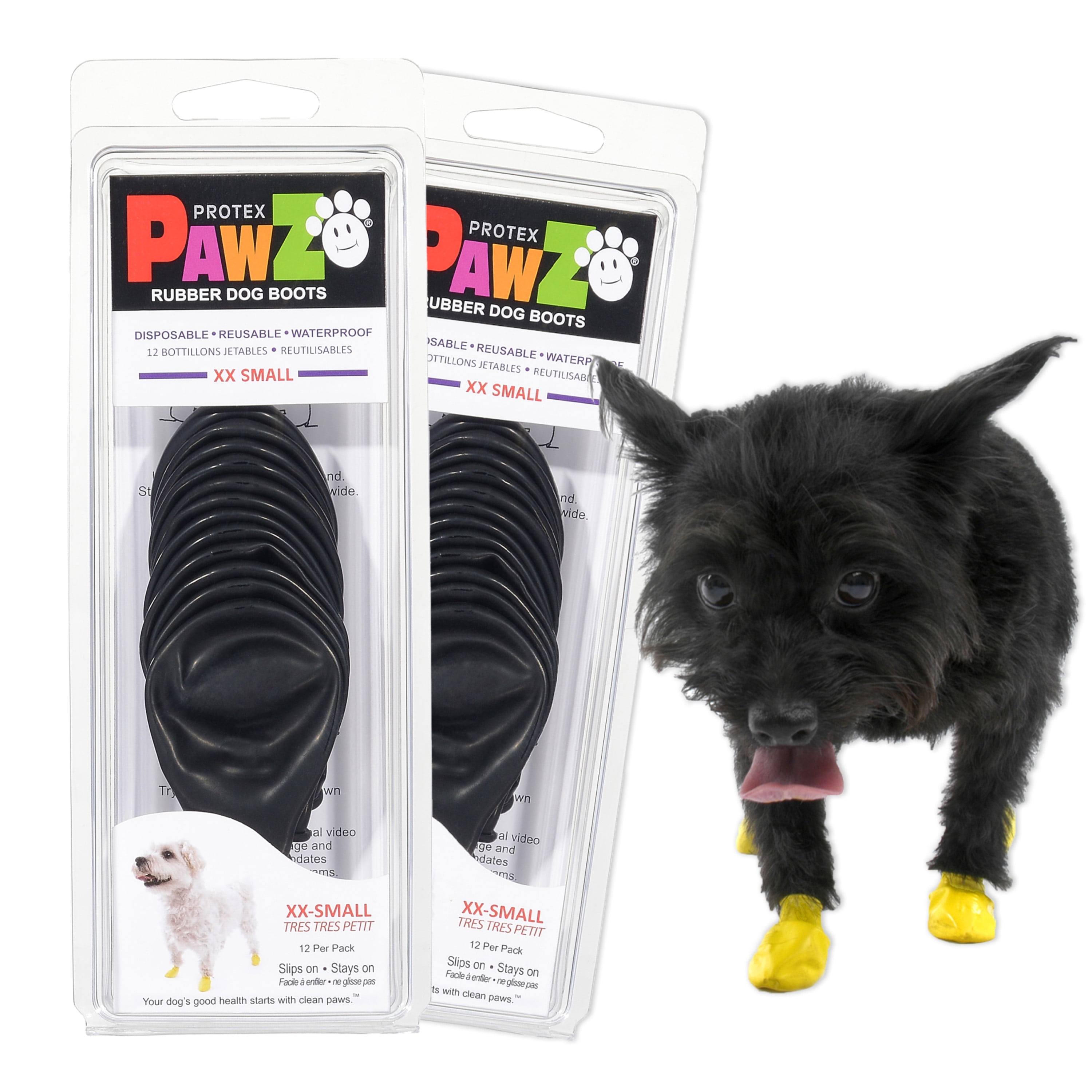 PawZ Rubber Dog Boots for Small Dogs 12pk x2, XXSmall Black Dog
