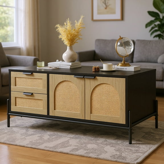 Emorefun Modern Coffee Table with LED Lights, Rattan Center Table W/Storage Drawers & Arched Door for Living Room, Oak/Black