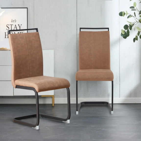 SUDICA Modern Dining Chairs Set of 2, Brown Upholstered High Back Chairs with Black Metal Cantilever Legs for Dining Room and Kitchen