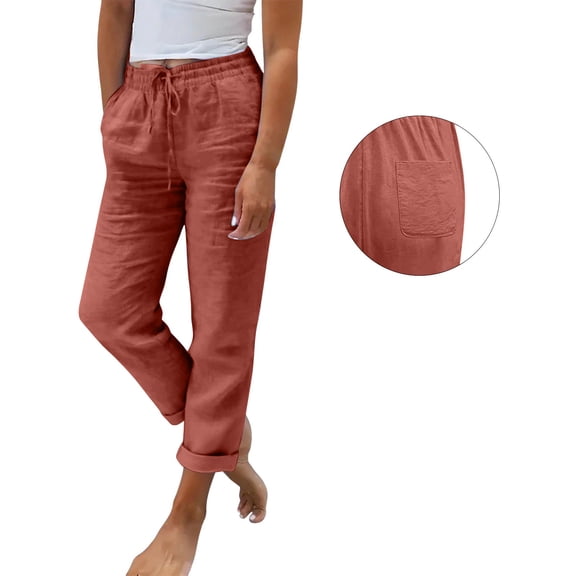 Cropped Linen Pants Women Petite Summer Casual Lightweight Ankle Length Loose Fit Straight Leg Trousers with Pockets 2XL