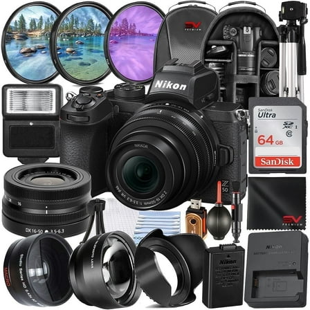 Nikon Z50 Mirrorless Camera with 16-50mm Lens   SanDisk 64GB Memory Card   Full Size Tripod   SV Premium Accessory Bundle