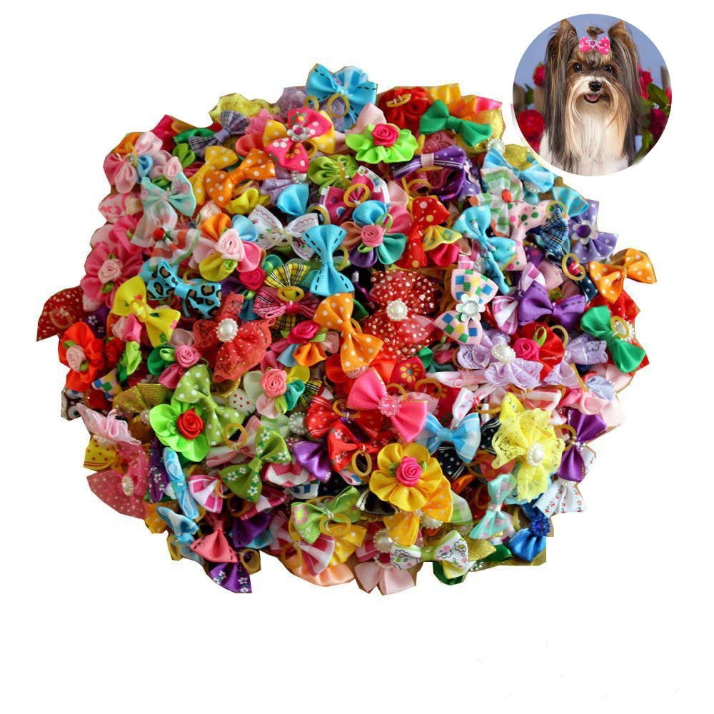 Wholesale 10/50/100 Multicolor Mix Pet Dog Hair Bow Pearl Flowers Rubber Bands 