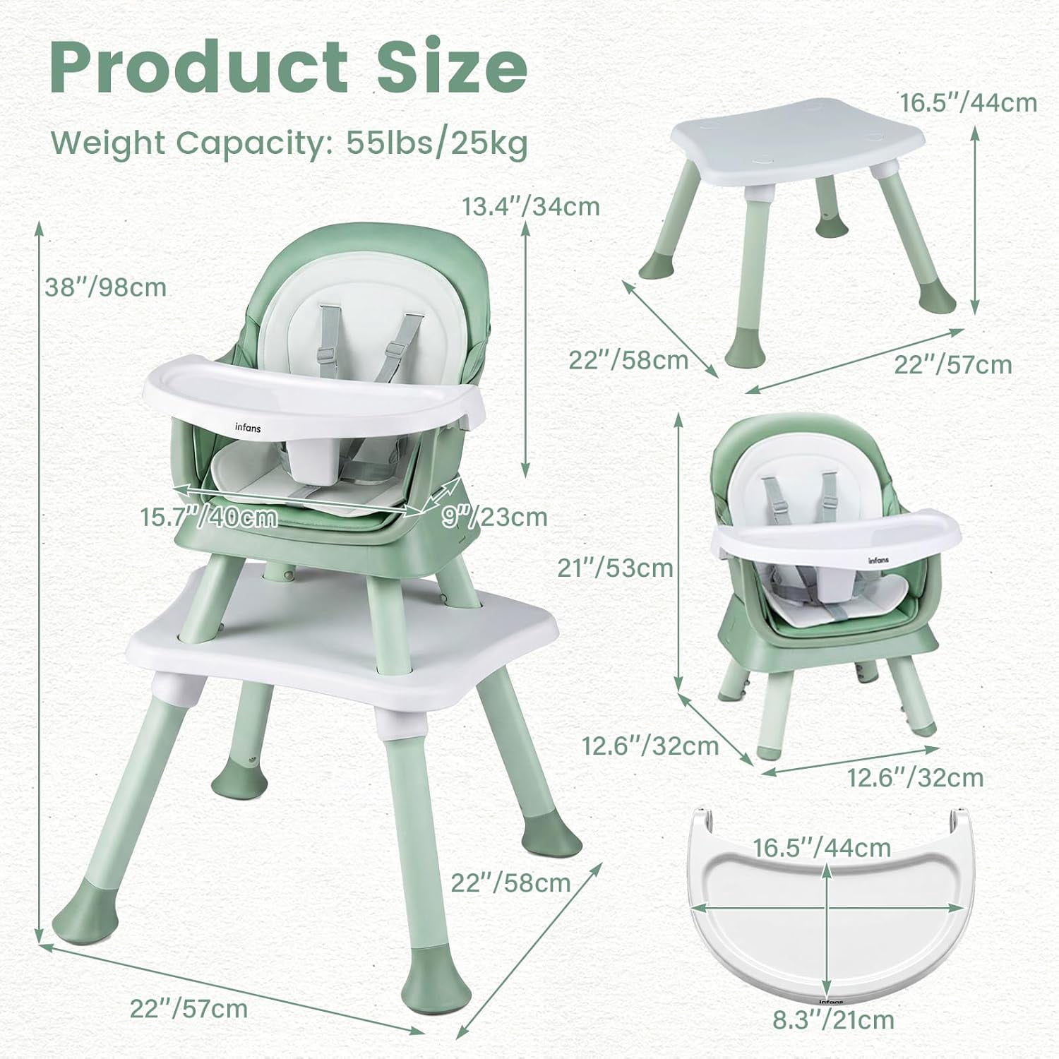 INFANS 8 in 1 Baby High Chair, Convertible Highchair for Babies and Toddlers, Infant Dining Booster Seat, Building Block Table, Kids Stool Table Chair Set with Removable Tray (Grey)