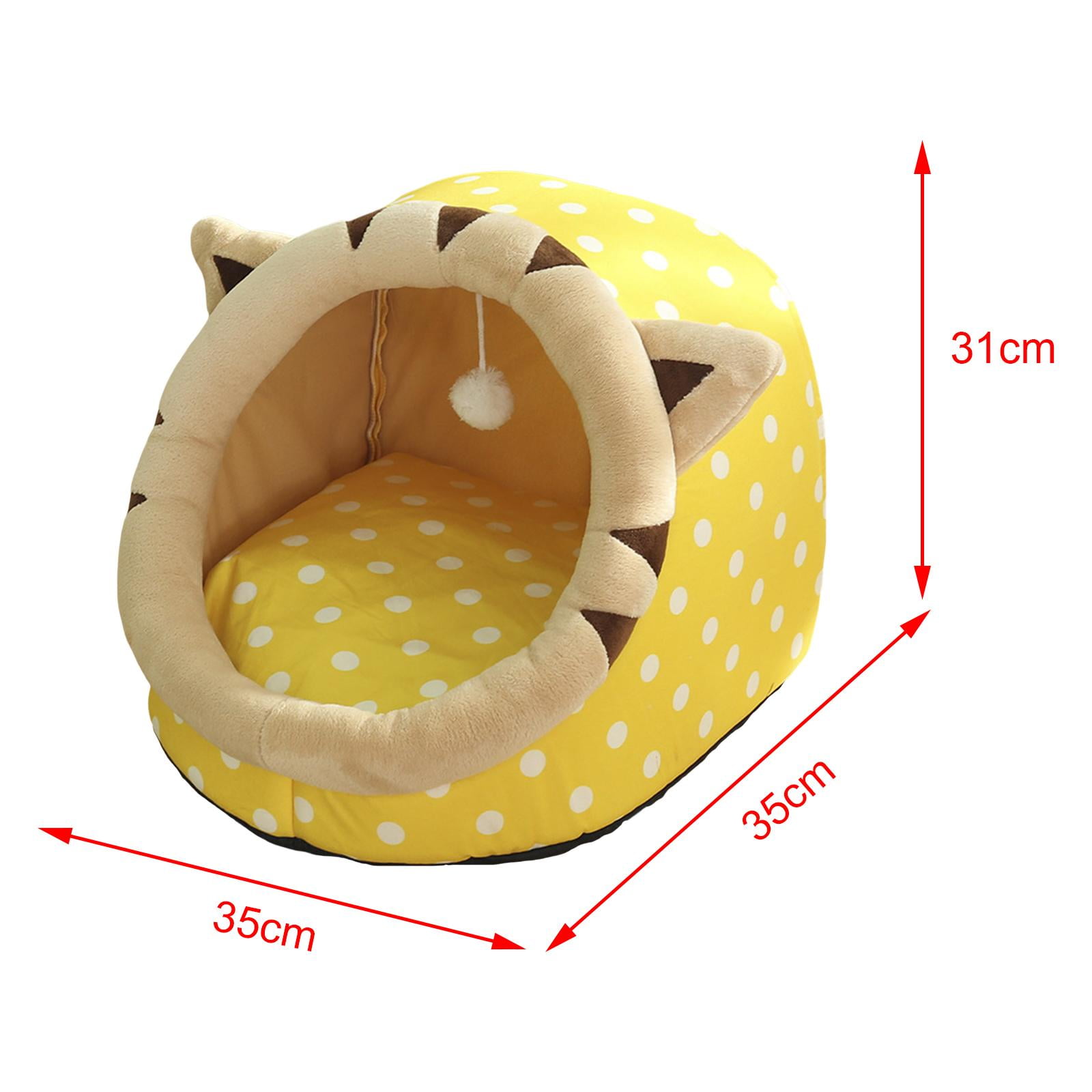 Cute Cave Bed with Ball Slip Bottom Furniture Warm Dog Basket Soft Hideout Portable Pet House Nest for Puppy Indoor Cats Rabbit Kitten , 35x35x31cm Yellow