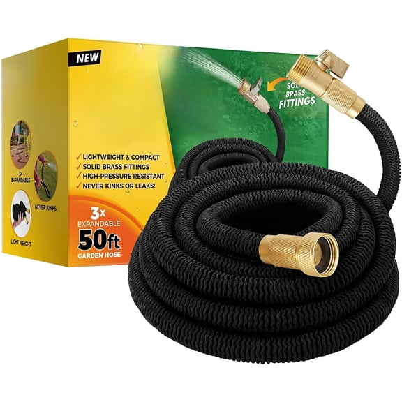 Lightweight Expandable Garden Hose, 50FT - Retractable Garden Hose, Water Hose - No-Kink Flexibility, 3/4 Inch Solid Brass Fittings and Double Latex Core