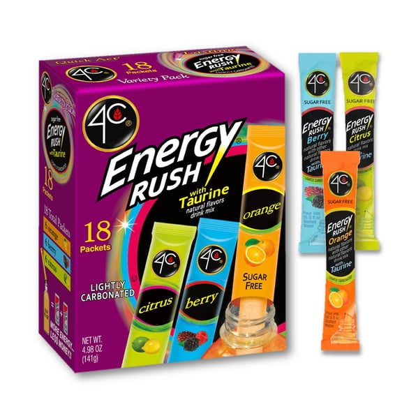 4C Energy Rush Stix, Single Serve Water Flavoring Packets, Sugar Free with Taurine, On the Go Bundle 18 Count (Variety Pack, 1 Pack)