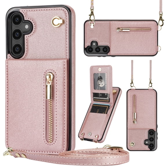 Crossbody Wallet Case for Samsung Galaxy S25 with Card Holders RFID Shockproof Cover, Back Magnetic Flip Kickstand Zipper Slot Case, PU Leather Cover Handbag Shoulder Strap Phone Case,Rosegold