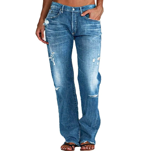 FYEGRE Plus Size Straight Leg Jeans for Women with Ripped Hem and Low Waist Design Women's Low Rise Straight Leg Jeans Stretchy Ripped Raw Hem Casual Denim Jeans BU2 M