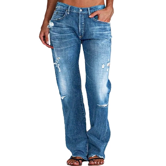 Wuxian Womens Pants Jeans Casual Straight Leg Trousers Ripped Distressed Vintage High Waist Elastic Wide Comfortable Stretch Denim Fashionable Tummy Control Denim Dailywear,BU2,XS