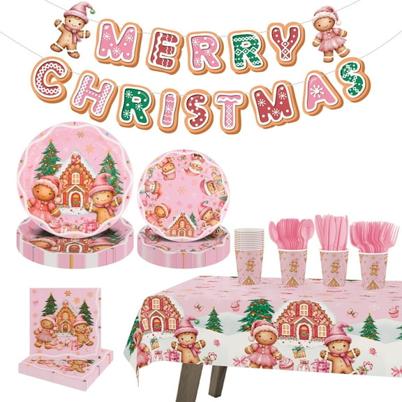 YIBAGA Christmas Party Supplies Set of 170 Serve 24, Pink Gingerbread Man Christmas Disposable Plates Napkins Cups Tablecloth Banner Decorations