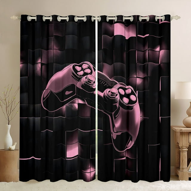 Rideaux Occultants Noirs et Roses 2 Panneaux 42"L X 90"H, Rideaux de Jeu Géométriques, Cubes Néon Dégradés Rideaux de Joueur