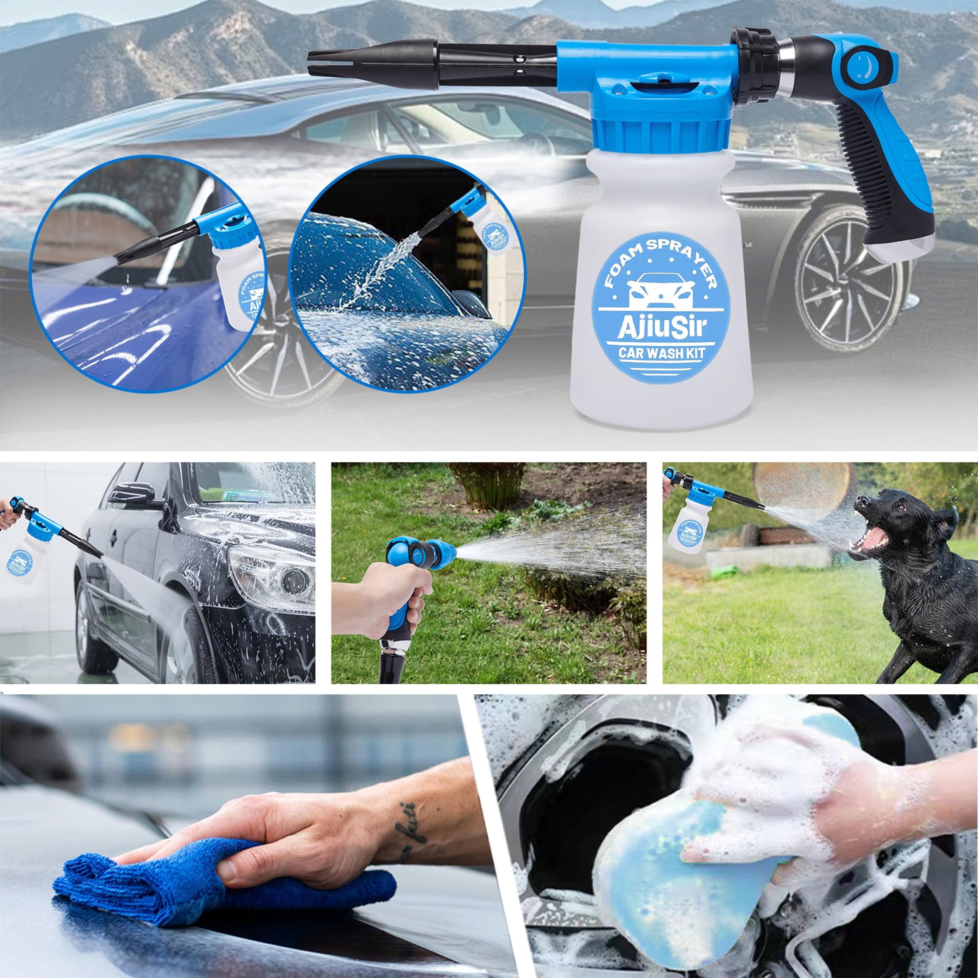 Car Wash Foam Gun Sprayer, Car Washing Kit with Washing Sponge & Absorbent Towel, Hose Nozzle Foam Cannon for Garden Cleaning
