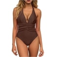 thumbnail image 2 of Women's One Piece Swimsuit Halter Plunging Deep V Neck Bathing Suit Bodycon Ruched Adjustable Straps, 2 of 5