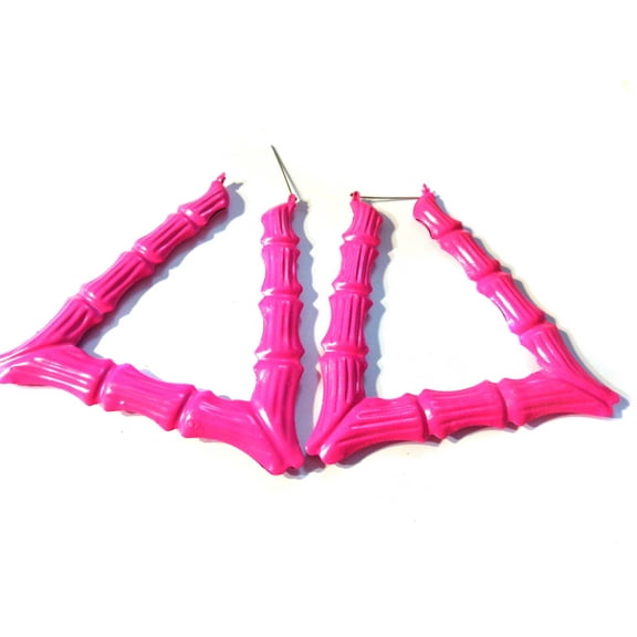 Hot Pink Bamboo Trapezoid Triangle Hoop Earrings 3.5 inch Large