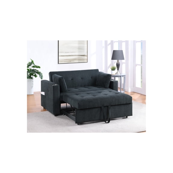 Luelle 57" Black Corduroy Fabric Conv.Slpr Loveseat w/Cphldrs USB Pocket Pillows