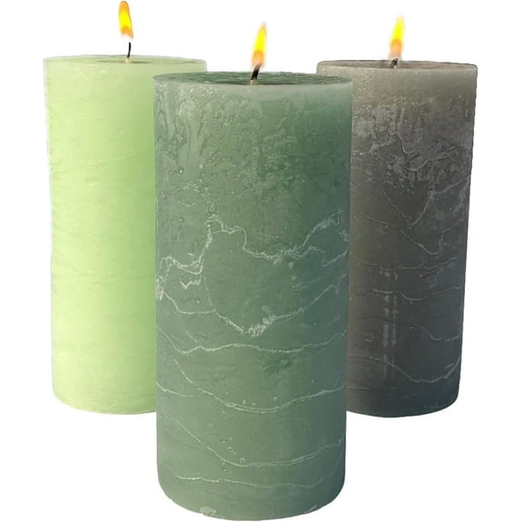 3 Pillar Candle Set, Paraffin Wax, 68 Hours Burn Time, Cotton Wick,  6 Inches, Neutral Shades of Marbled Sage Green, Pale Celadon,Pastel Green
