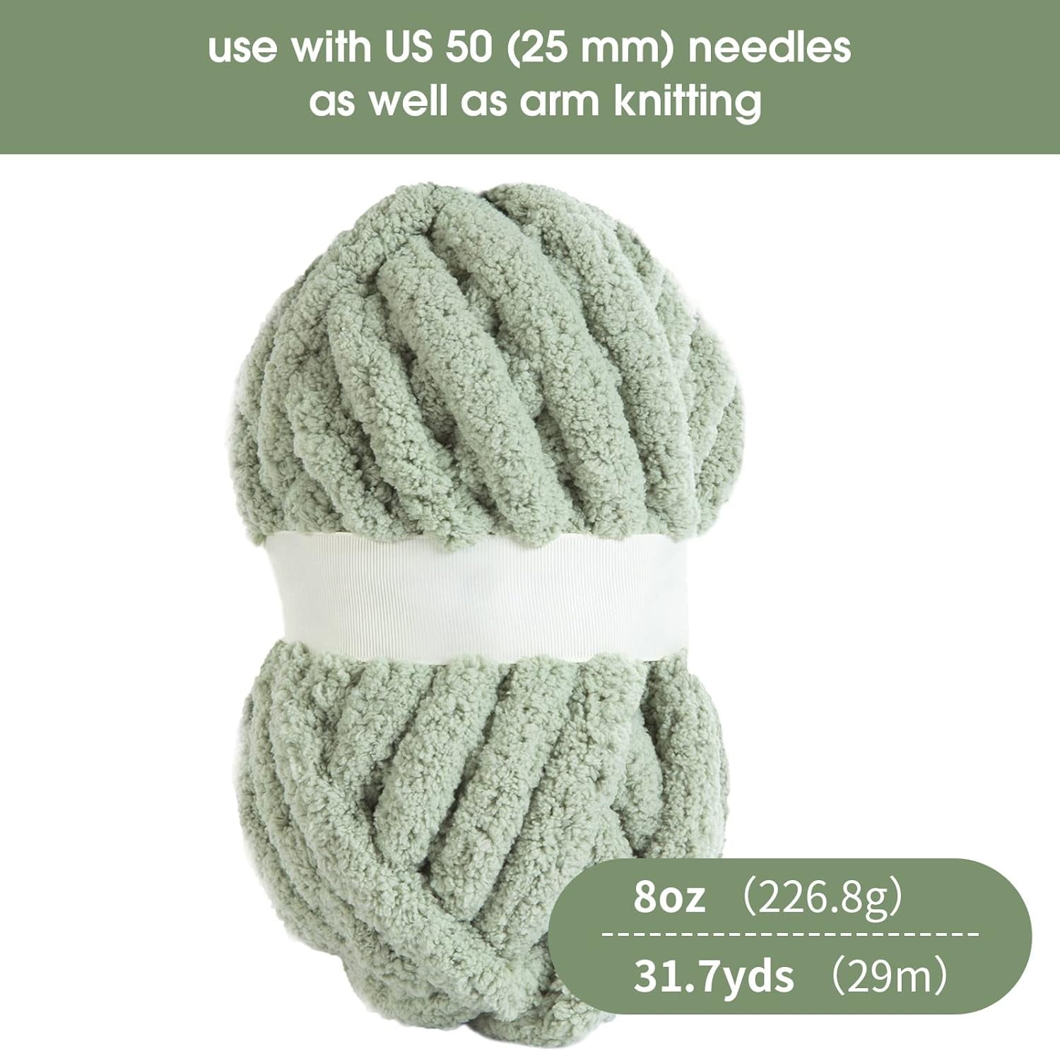 Sage Green Chunky Chenille Yarn for Crocheting, Bulky Thick Fluffy Yarn for Knitting,Super Bulky Chunky Yarn for Hand Knitting Blanket, Soft Plush Yarn, 2 Jumbo Pack (27 yds,8 oz Each Skein)