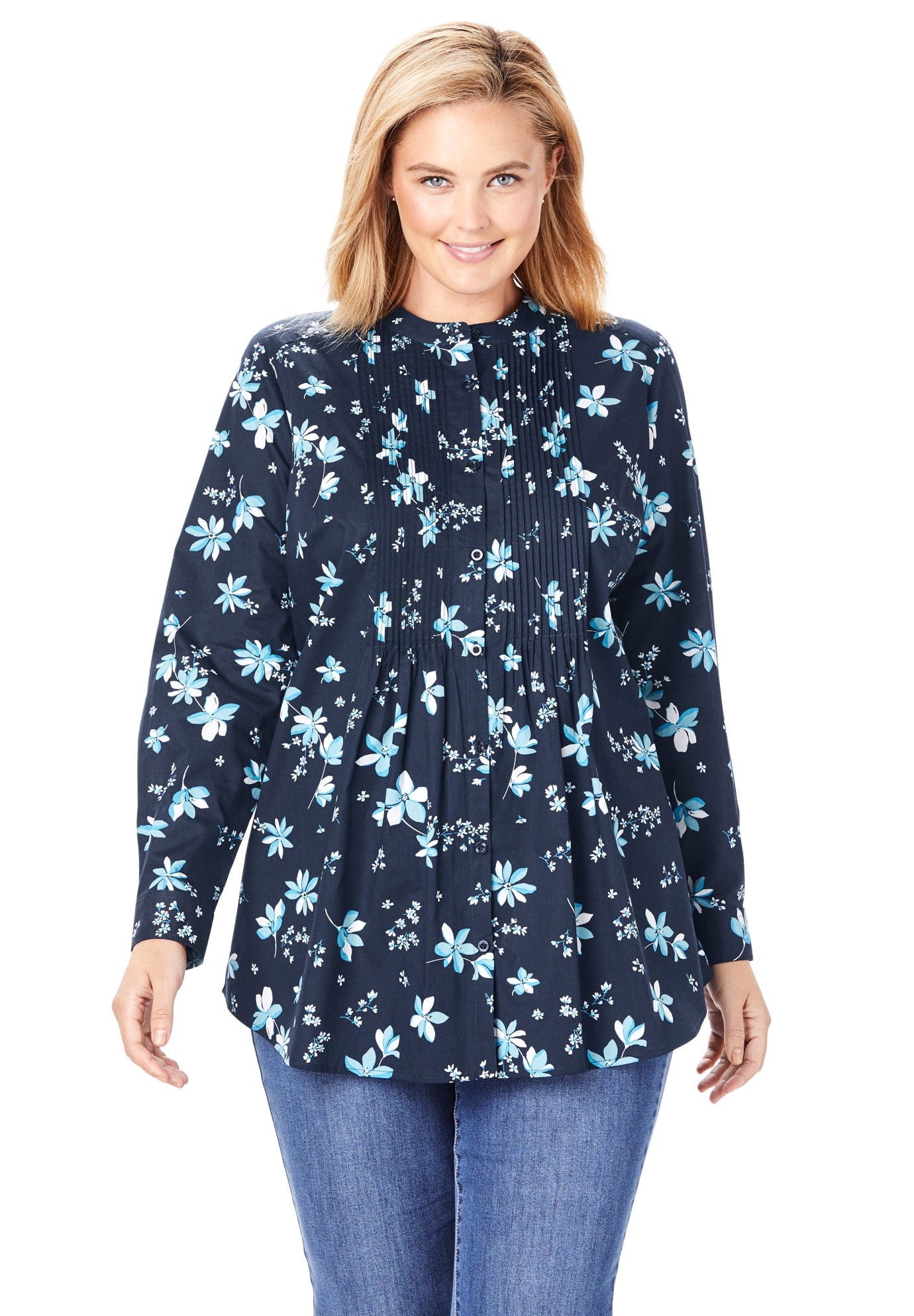 Woman Within Women S Plus Size Perfect Pintucked Shirt 34 36 Navy Graphic Bloom Blue Walmart Com
