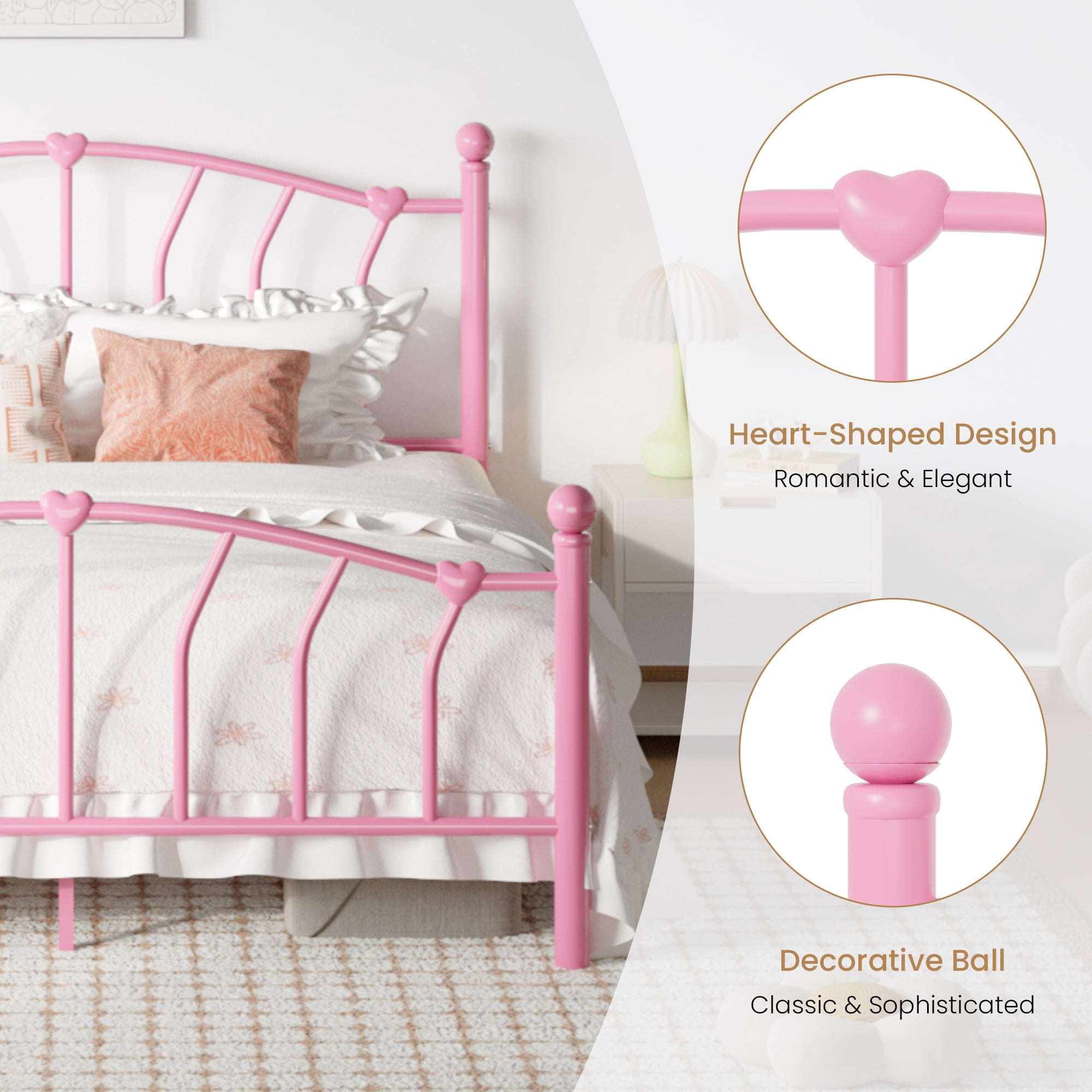 SHA CERLIN 14 Inch Queen Size Metal Platform Bed Frame with Heart Shaped Iron-Art Headboard/Footboard, Under Bed Storage, Noise Free Mattress Foundation, Easy Assembly, Pink