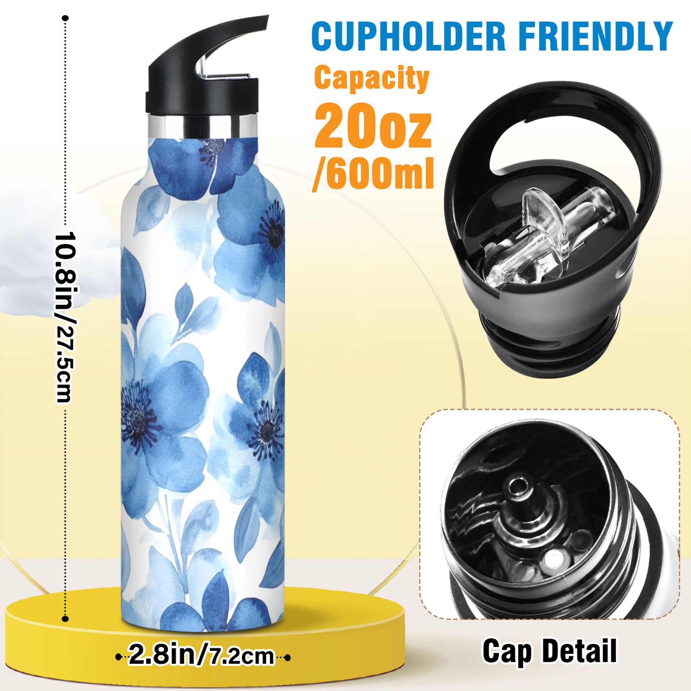 600ML Stainless Steel Insulated Cup Sports Water Bottle Portable Thermos Cup Water Glasses Insulated Tumblers Convenient and Durable Blue Flowers