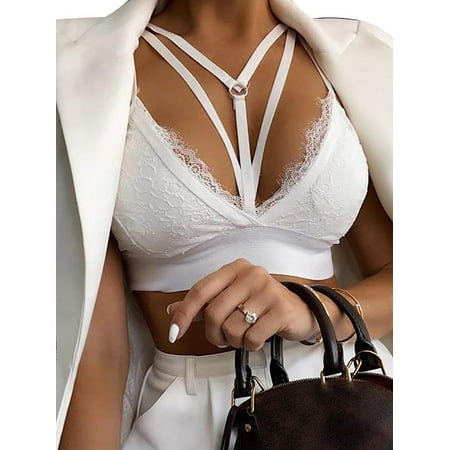 Julycc Women Babydoll Lingerie Lace V Neck Strappy Bralette Bra Cami Crop Top