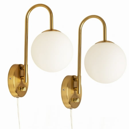

Beatineon Wall Sconces Set of Two Plug in Cord and Dimmable Knob Switch Brushed Brass Spherical Milky White Glass Globe Shade Wall Lights for Bedroom