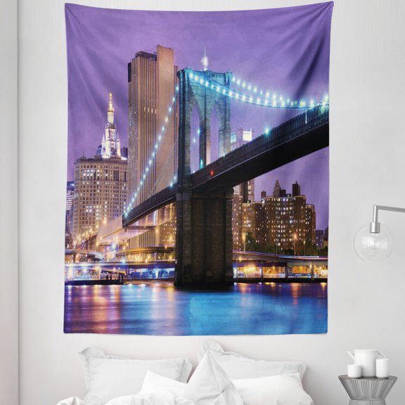 NYC Scene Tapestry, Pattern of Bridge Spans the East River Towards Manhattan Violet Sky, Fabric Wall Hanging Decor for Bedroom Living Room Dorm, 5 Sizes, Blue Violet Multicolor, by Ambesonne