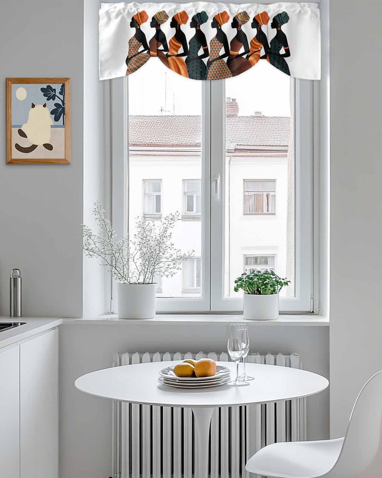 Black Girl African Tie Up Valances Curtain, Adjustable Kitchen Elegant Women Abstract Orange Geometric Tribal Valances for Windows Decor, Rod Pocket Short Curtains Set for Bedroom/Bathroom, 60"x18"