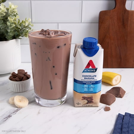 ATKINS CHOCOLATE BANANA PROTEIN SHAKE, HIGH PROTEIN, LOW GLYCEMIC, LOW CARB, LOW SUGAR, KETO FRIENDLY, 4 COUNT