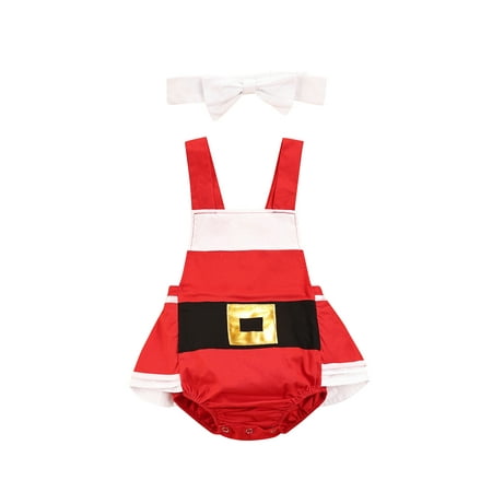 

Canrulo Christmas Newborn Baby Girls Romper Dress Outfits Sleeveless Patchwork Jumpsuit with Headband Party Clothes Red 6-12 Months