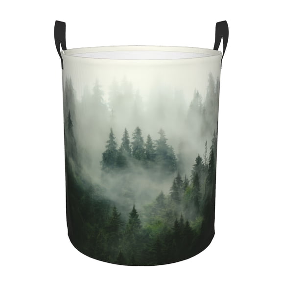 Misty Forest Mountain Foldable Laundry Basket - Made of Sturdy Oxford Fabric, Featuring A Classic Round Design, Suitable for Multiple Uses in Bathrooms, Bedrooms, and Living Rooms.