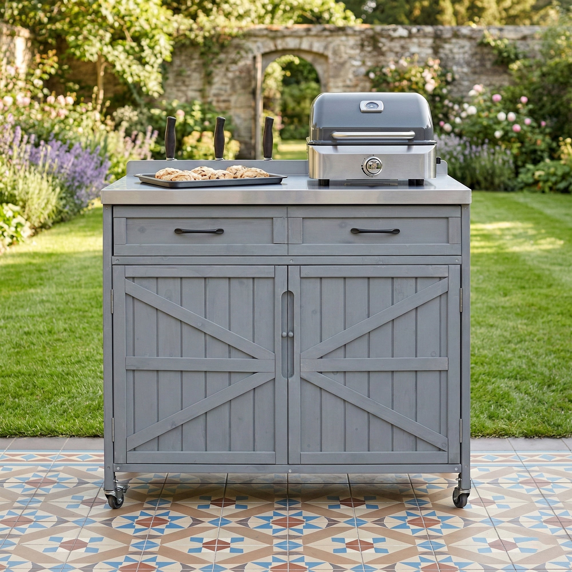 Mintazer 39.4" Outdoor Kitchen Island with Stainless Table Top & Storage Racks, Storage Kitchen Cabinet with Drawer & Adjustable Shelves, Gray